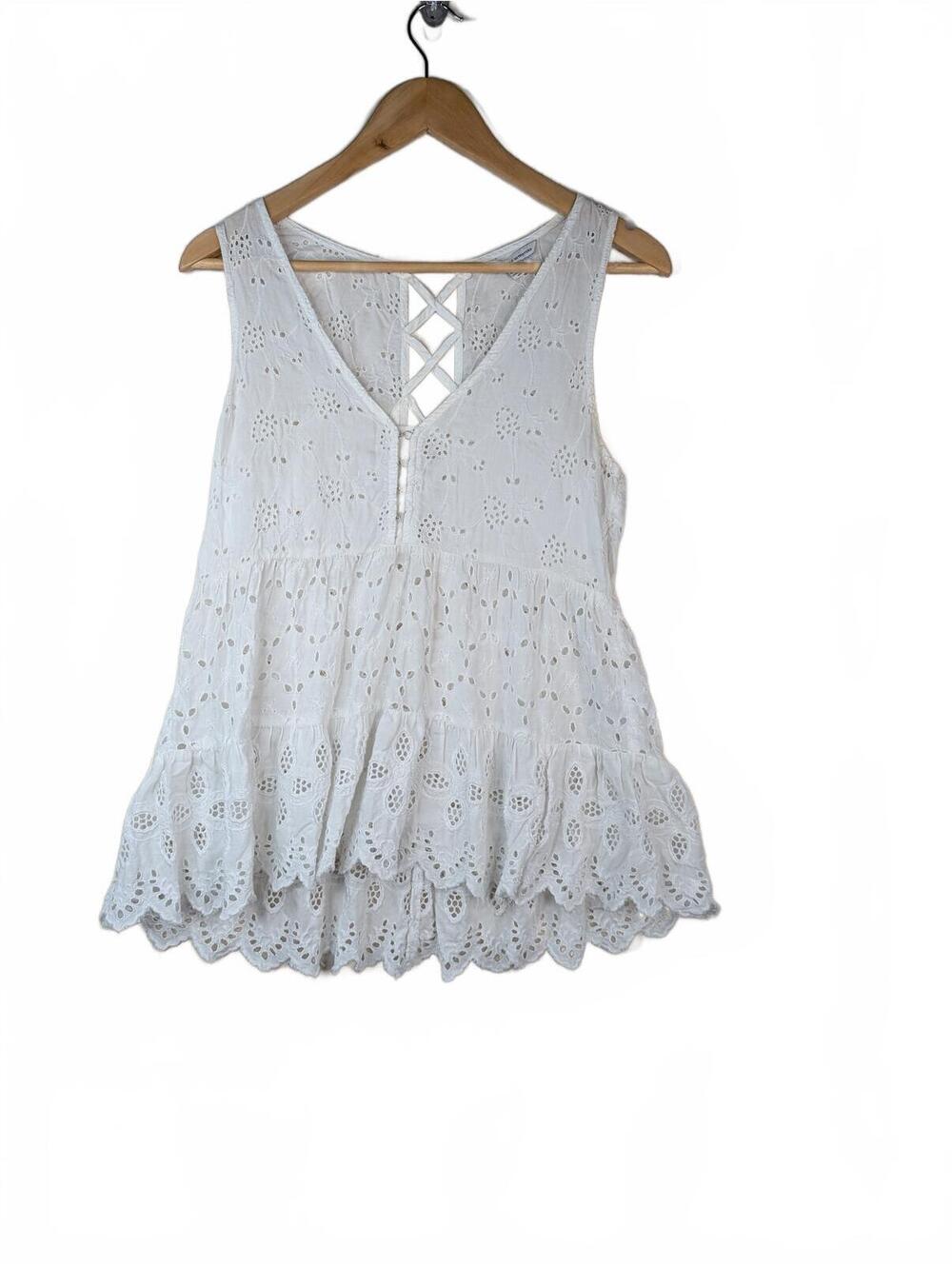 American Eagle‎ White Eyelet Babydoll Tank Top Lace-Up Back Women's S